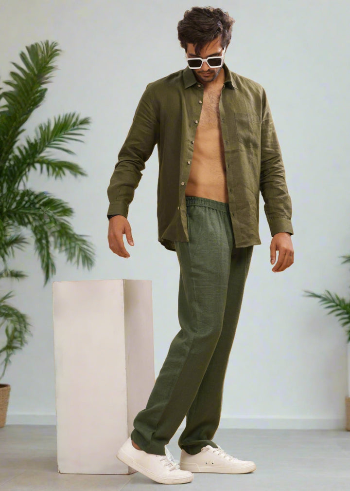 Breeze- Linen Casual Elastic Pants - Military Green