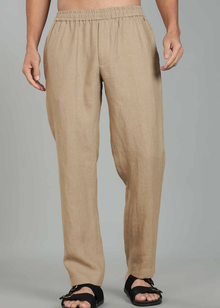 Ivo -  Pure Linen Casual Relaxed Elastic Pants - Light Hazelnut Brown