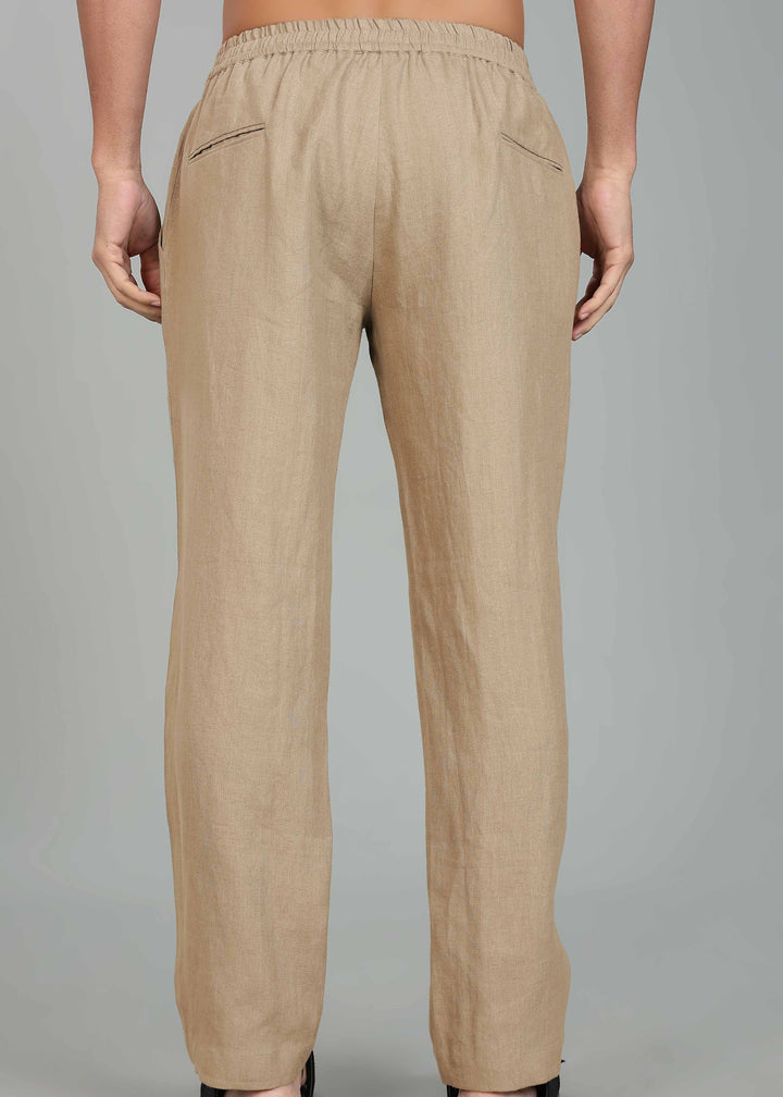 Ivo -  Pure Linen Casual Relaxed Elastic Pants - Light Hazelnut Brown