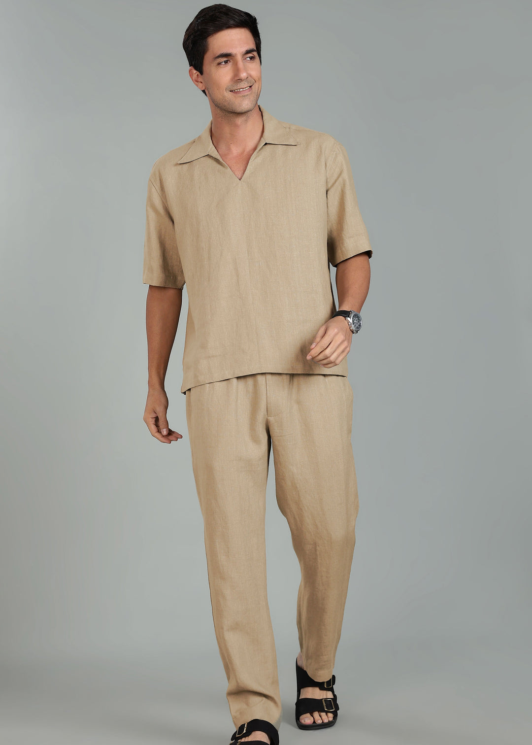 Ivo -  Pure Linen Casual Relaxed Elastic Pants - Light Hazelnut Brown