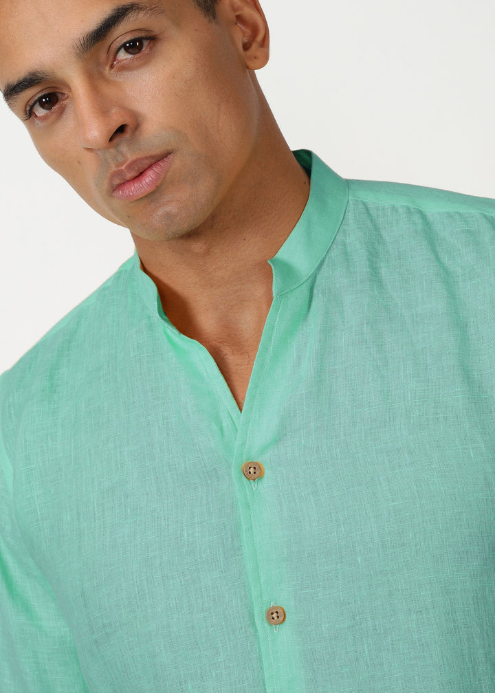 Craig - Pure Linen V Neck Full Sleeve Shirt - Glacier Green