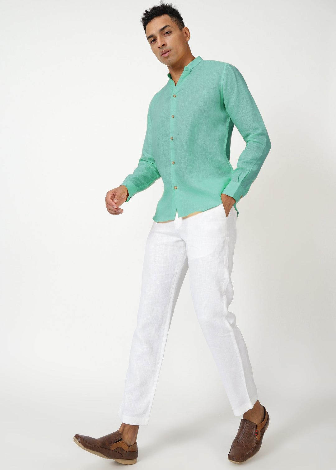 Craig - Pure Linen V Neck Full Sleeve Shirt - Glacier Green
