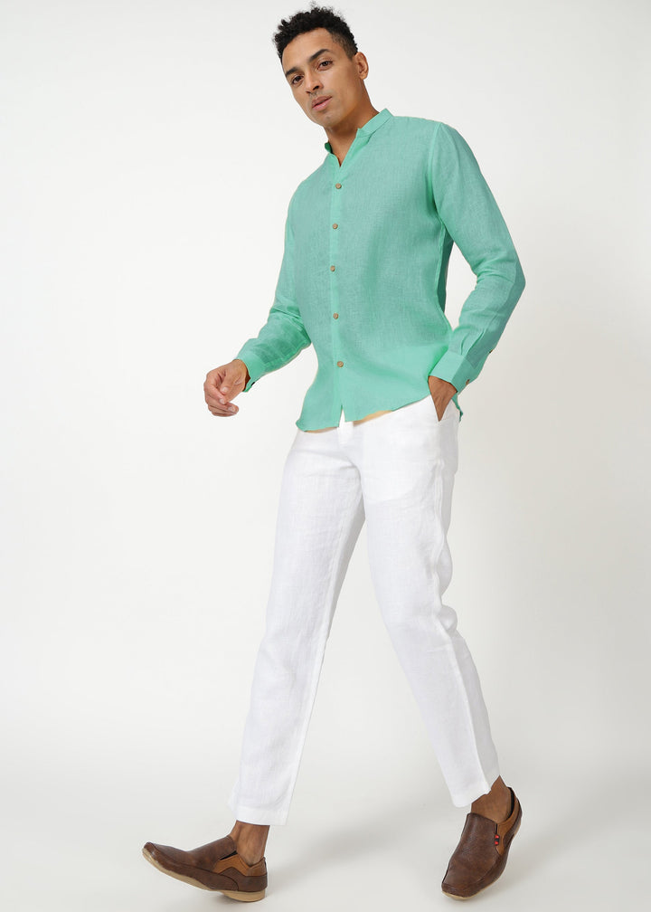 Craig - Pure Linen V Neck Full Sleeve Shirt - Glacier Green