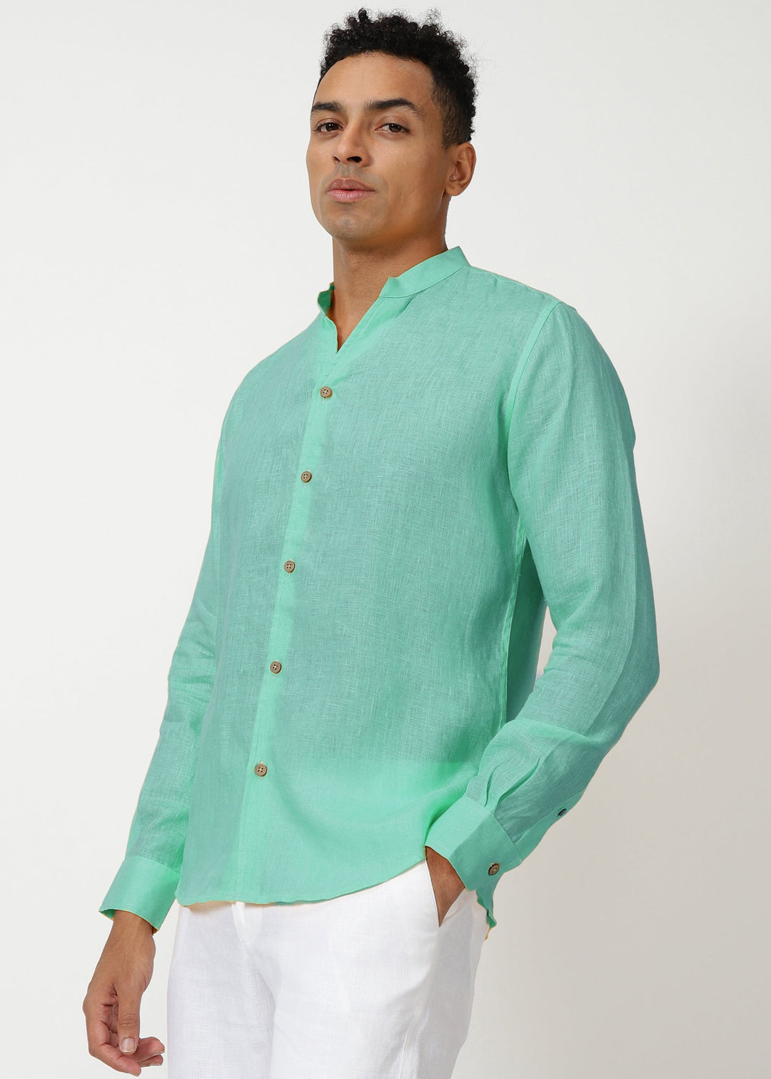 Craig - Pure Linen V Neck Full Sleeve Shirt - Glacier Green