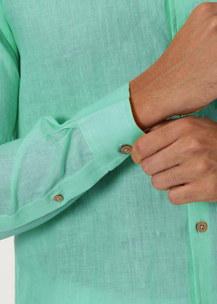 Craig - Pure Linen V Neck Full Sleeve Shirt - Glacier Green