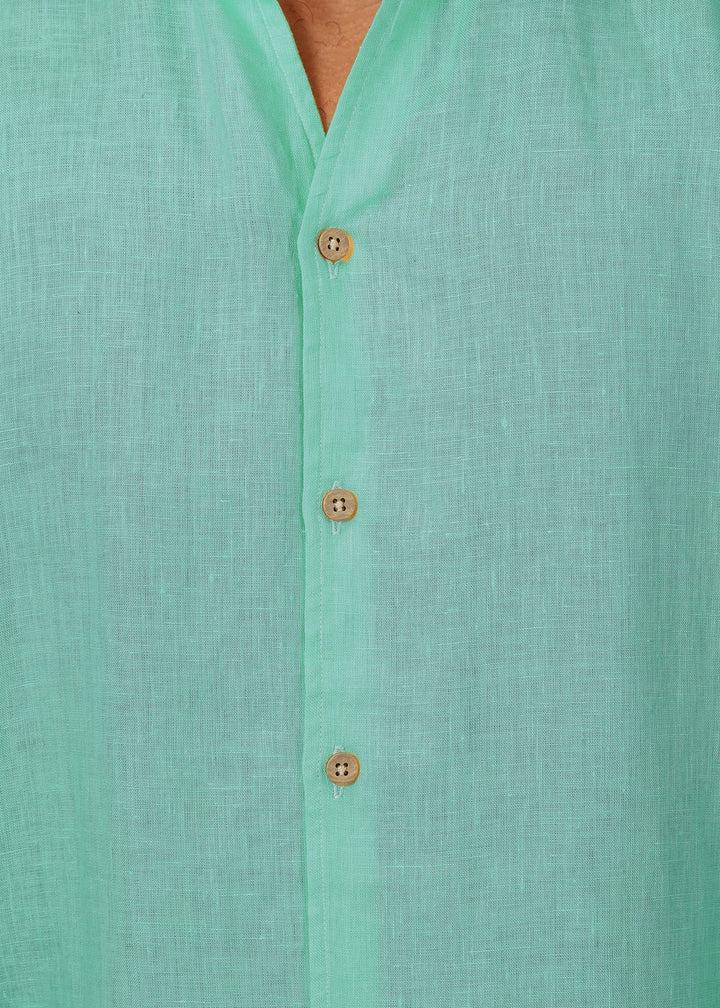 Craig - Pure Linen V Neck Full Sleeve Shirt - Glacier Green