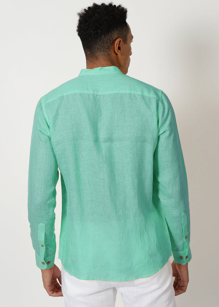 Craig - Pure Linen V Neck Full Sleeve Shirt - Glacier Green