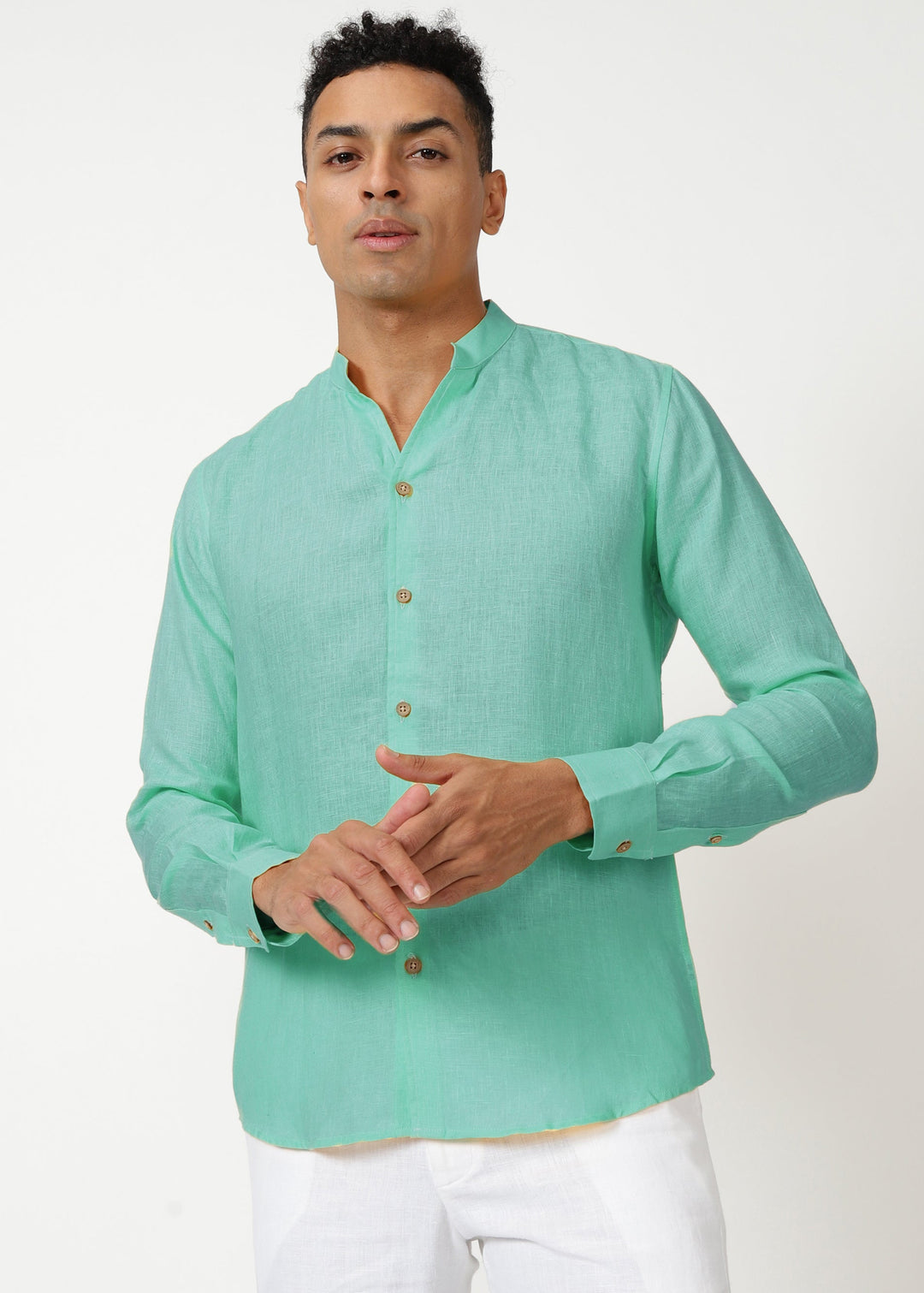 Craig - Pure Linen V Neck Full Sleeve Shirt - Glacier Green