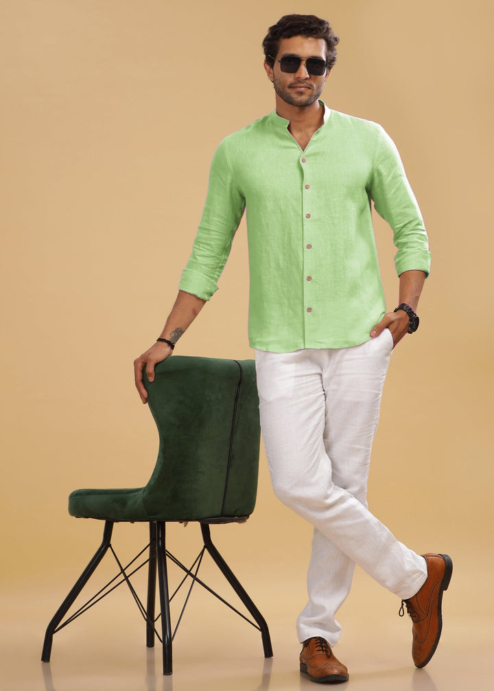 Craig - Pure Linen V Neck Full Sleeve Shirt - Light Green