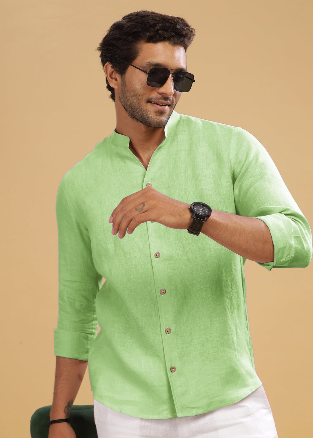 Craig - Pure Linen V Neck Full Sleeve Shirt - Light Green