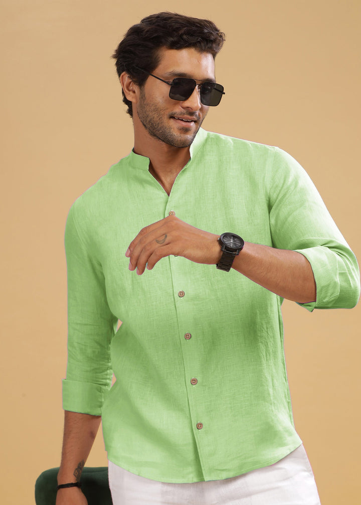 Craig - Pure Linen V Neck Full Sleeve Shirt - Light Green