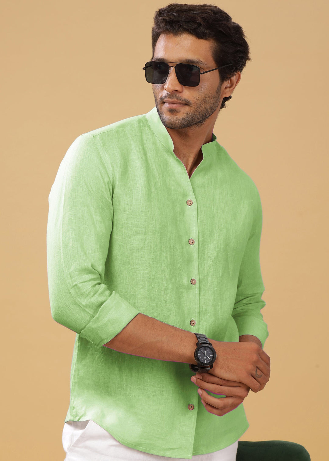 Craig - Pure Linen V Neck Full Sleeve Shirt - Light Green