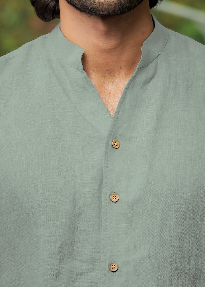Craig - Pure Linen V Neck Full Sleeve Shirt - Light Olive Green