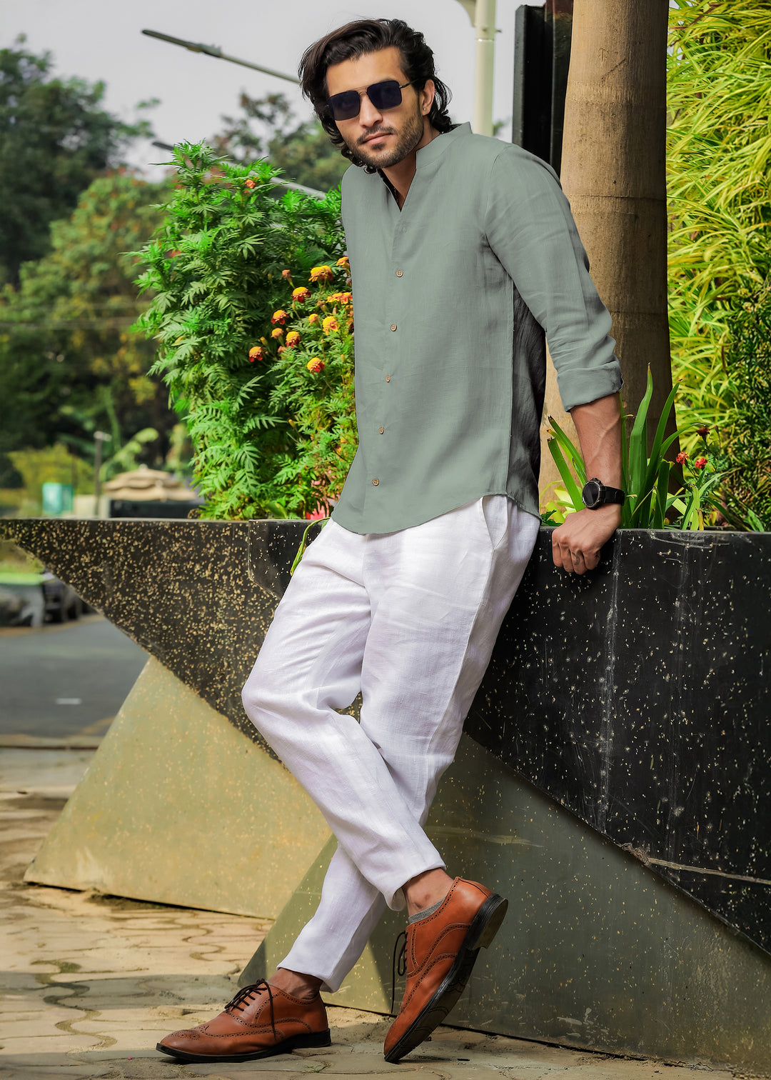 Craig - Pure Linen V Neck Full Sleeve Shirt - Light Olive Green
