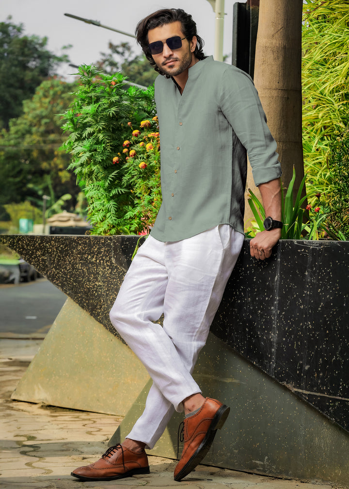 Craig - Pure Linen V Neck Full Sleeve Shirt - Light Olive Green