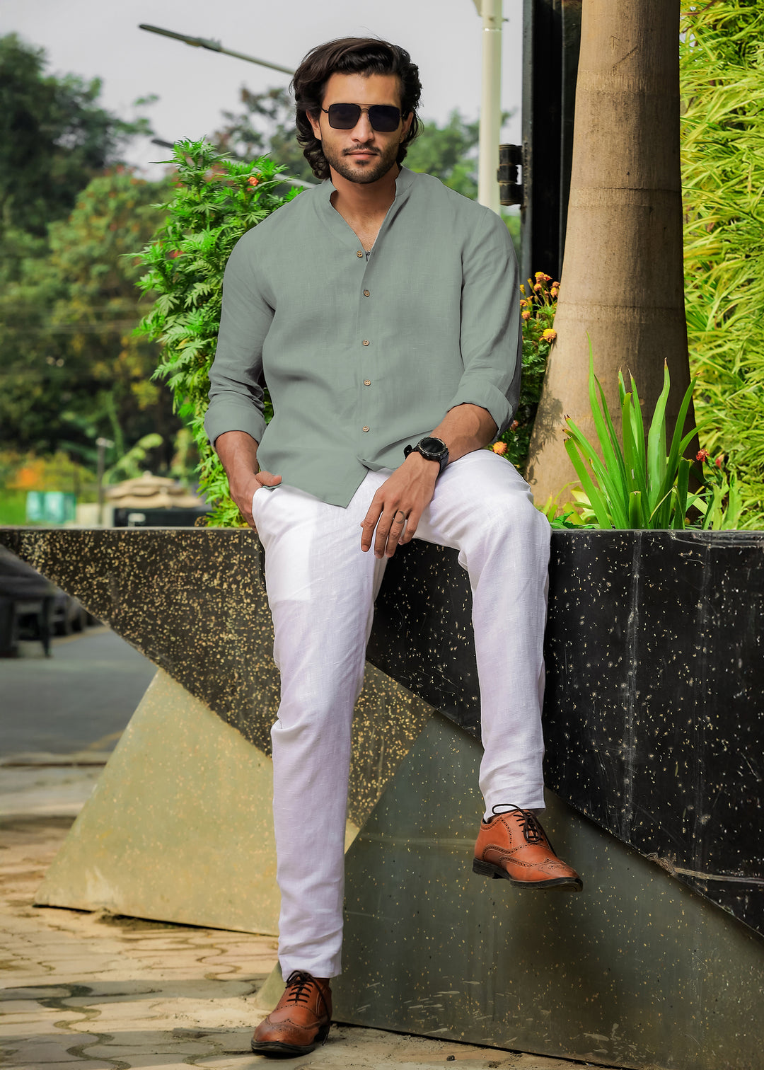 Craig - Pure Linen V Neck Full Sleeve Shirt - Light Olive Green