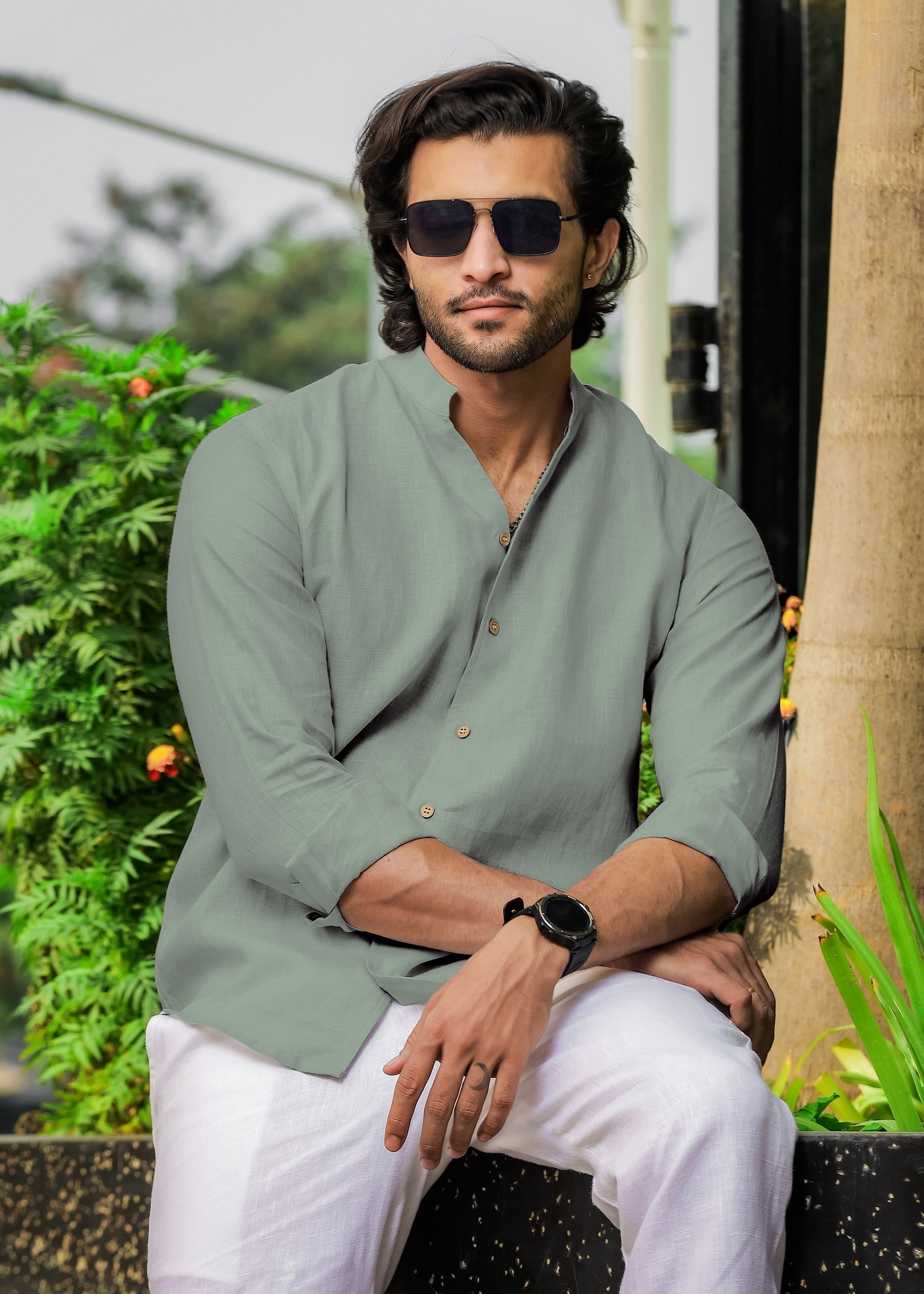 Light Olive Green V Neck Mandarin Collar Pure Linen Full Sleeve Shirt for Men Linen Trail Light Olive Green V Neck Mandarin Collar Pure Linen Full Sleeve Shirt for Men Linen Trail