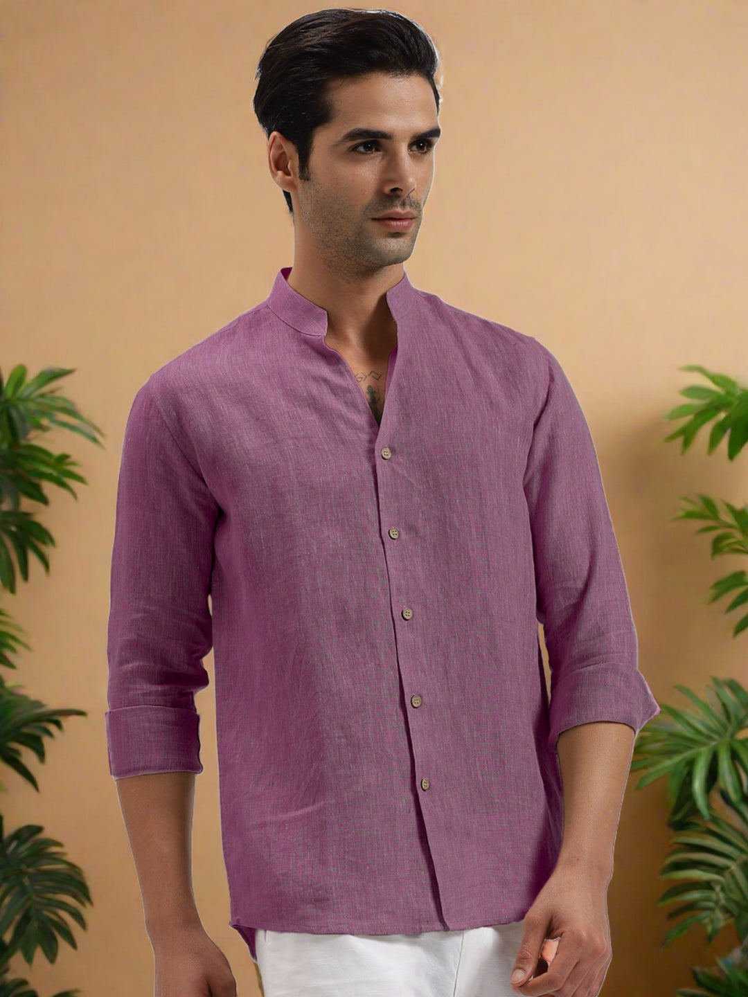Craig - Pure Linen V Neck Full Sleeve Shirt - Twilight Purple