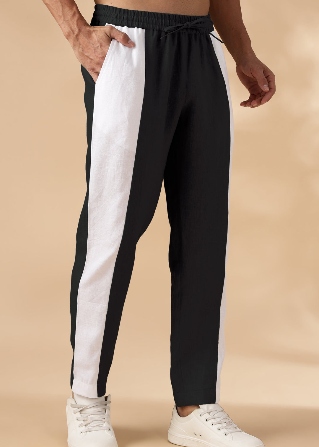 Duo - Pure Linen Panel Elastic Pants with Drawcord - Black
