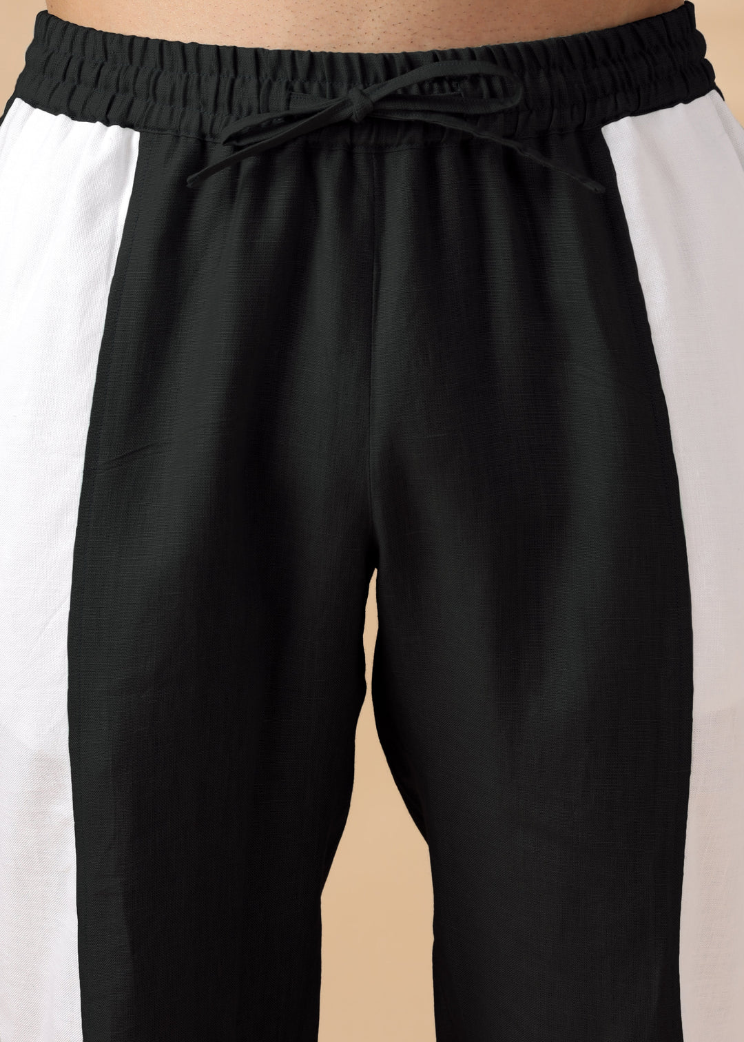 Duo - Pure Linen Panel Elastic Pants with Drawcord - Black