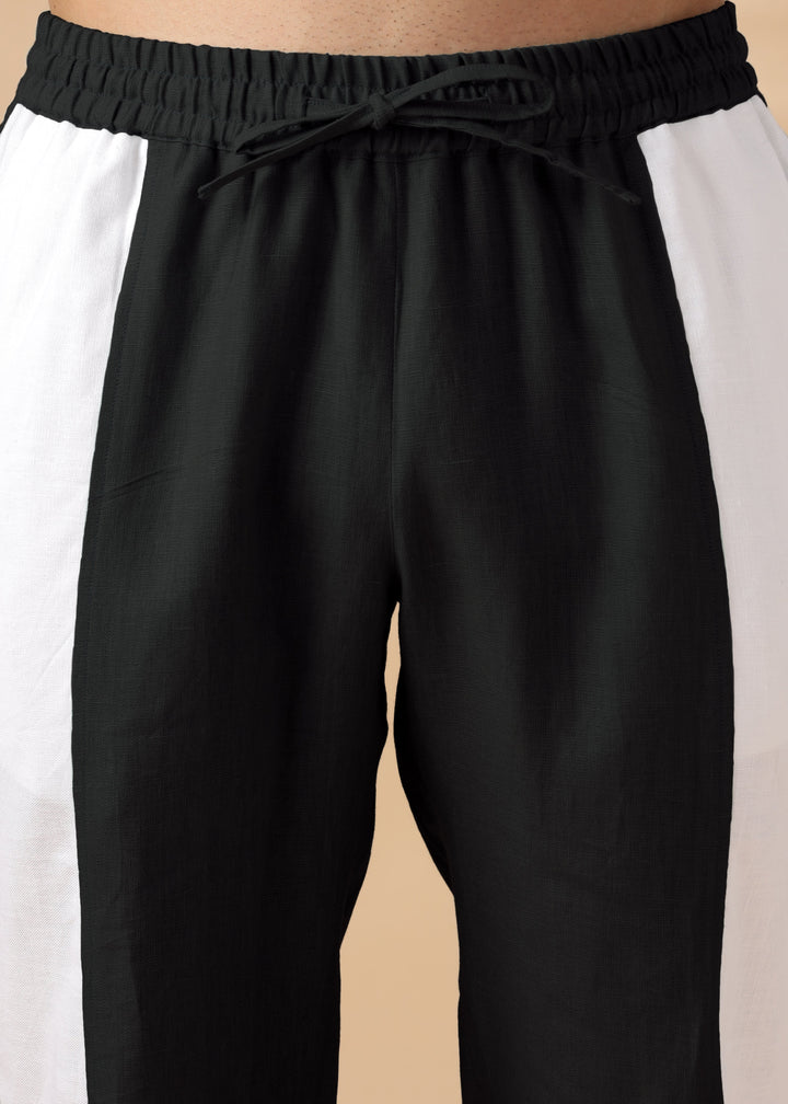 Duo - Pure Linen Panel Elastic Pants with Drawcord - Black