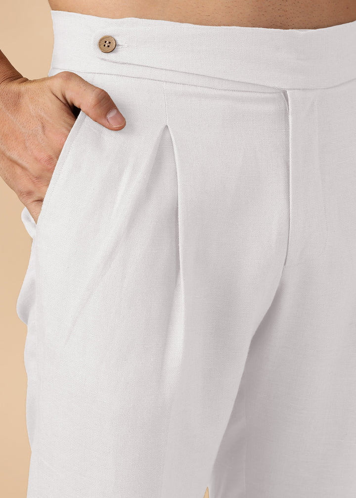 Foster - Pure Linen Trousers with Stylised Waistband - White