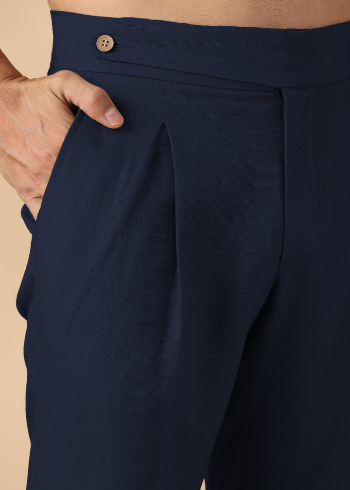 Foster - Pure Linen Trousers with Stylised Waistband - Navy Blue