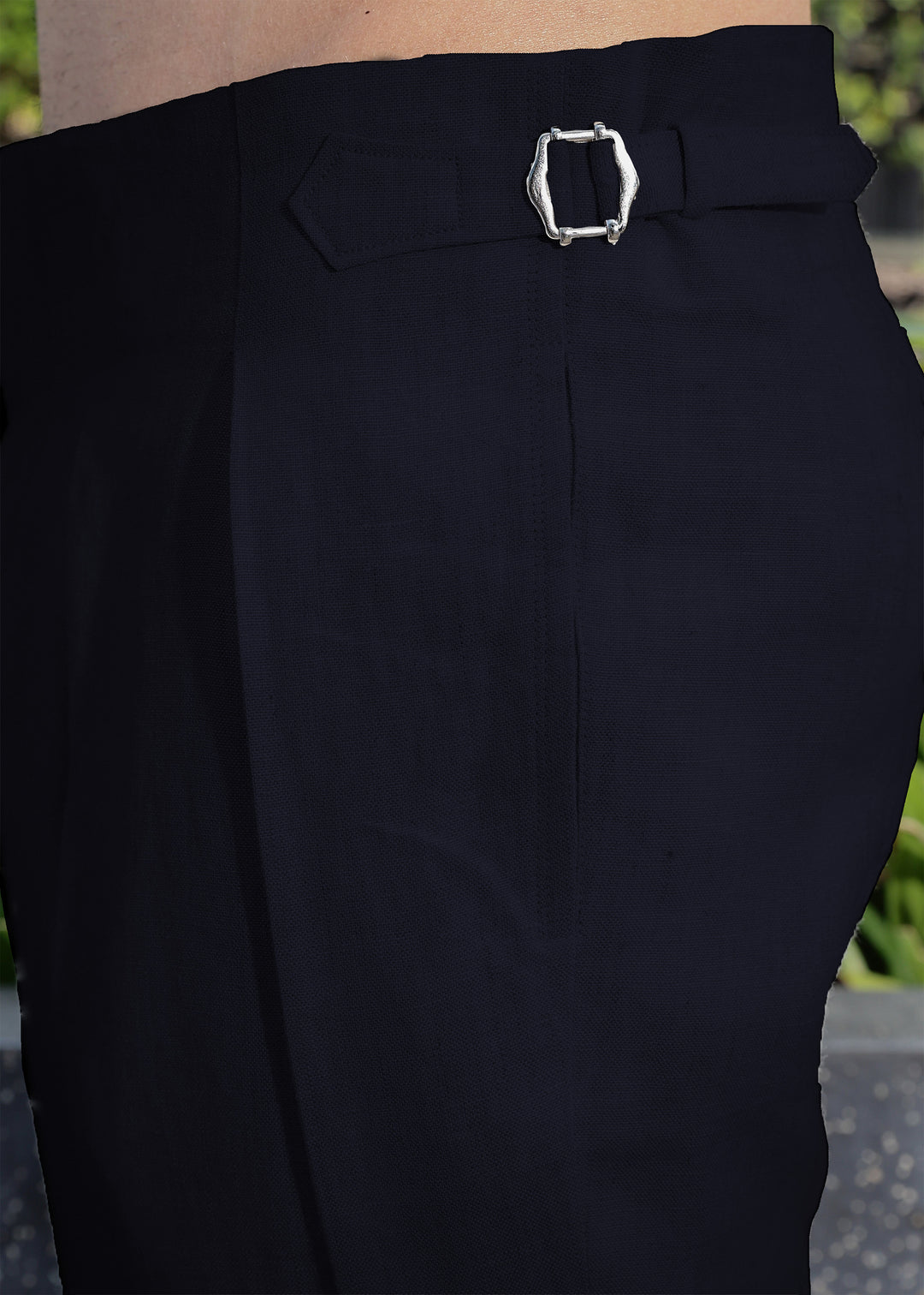 100% pure linen regal blue pants with a buckle