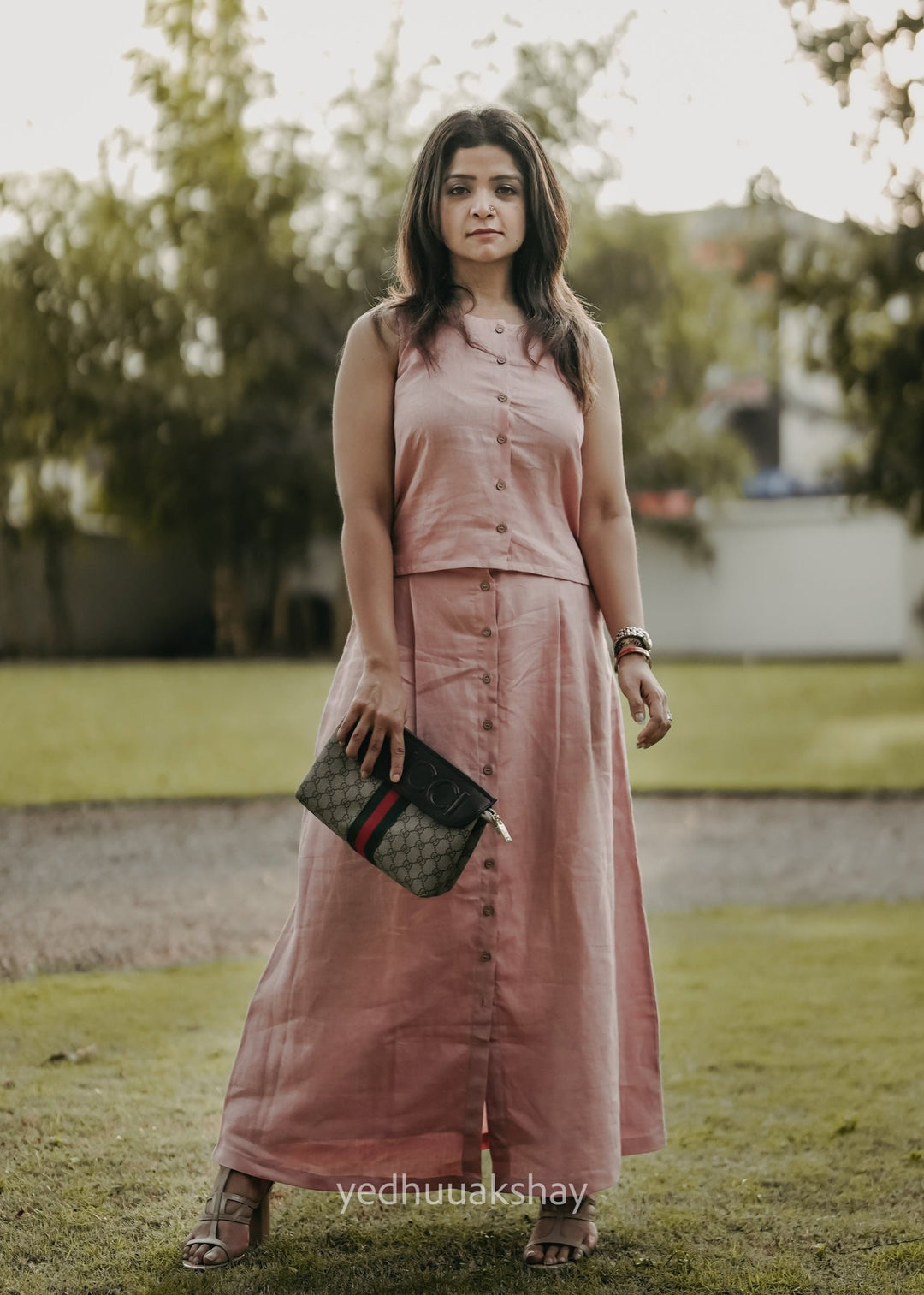 Dara - Pure Linen Sleeveless With Skirt Co-ord Set - Salmon Pink