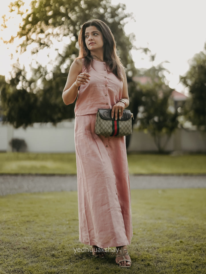 Dara - Pure Linen Sleeveless With Skirt Co-ord Set - Salmon Pink