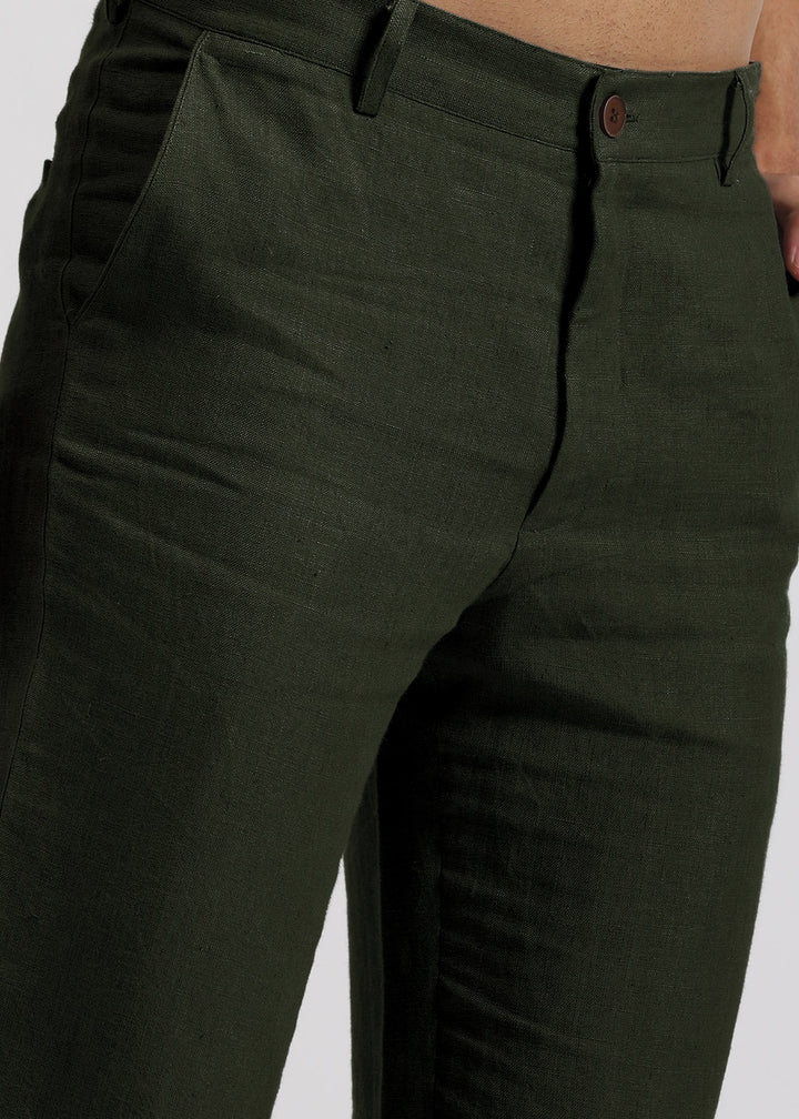 Ian Pure Linen Trousers - Dark Green