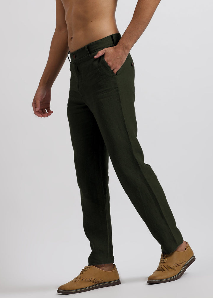 Ian Pure Linen Trousers - Dark Green