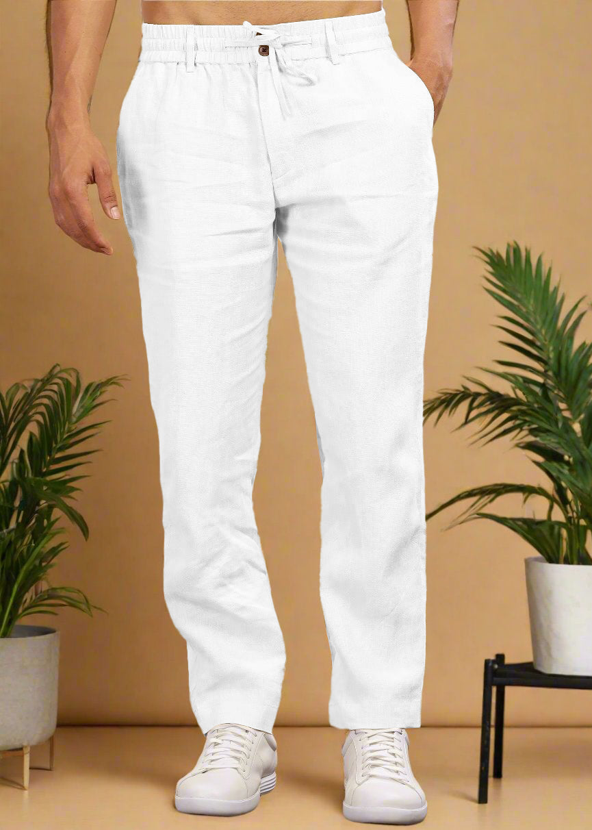 パンツ 1990s Euro white Linen Trousers White Pure Linen Pants With Elastic Waistband, Drawcord & Zipper