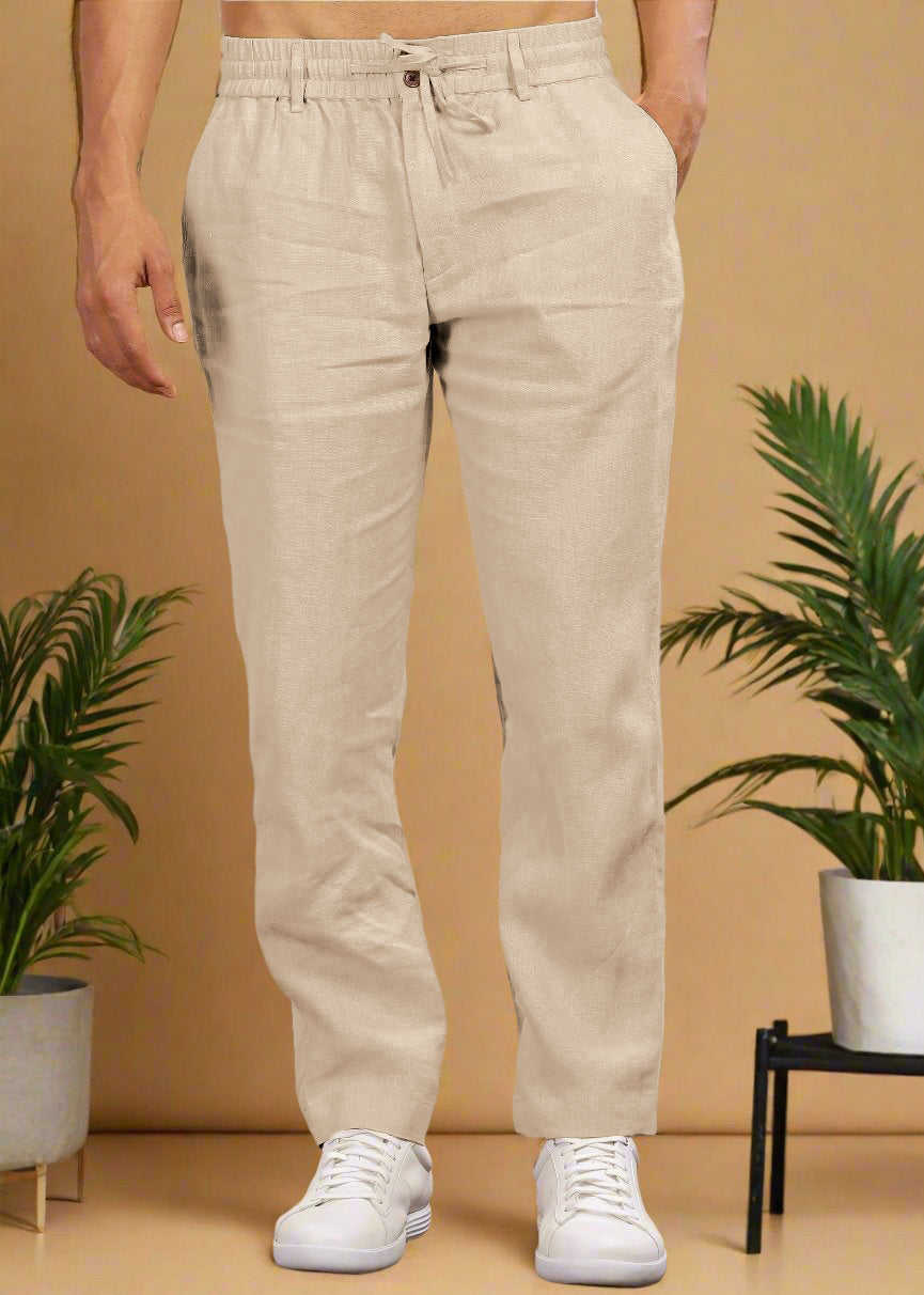 Ecru Pure Linen Pants With Elastic Waistband, Drawcord & Zipper