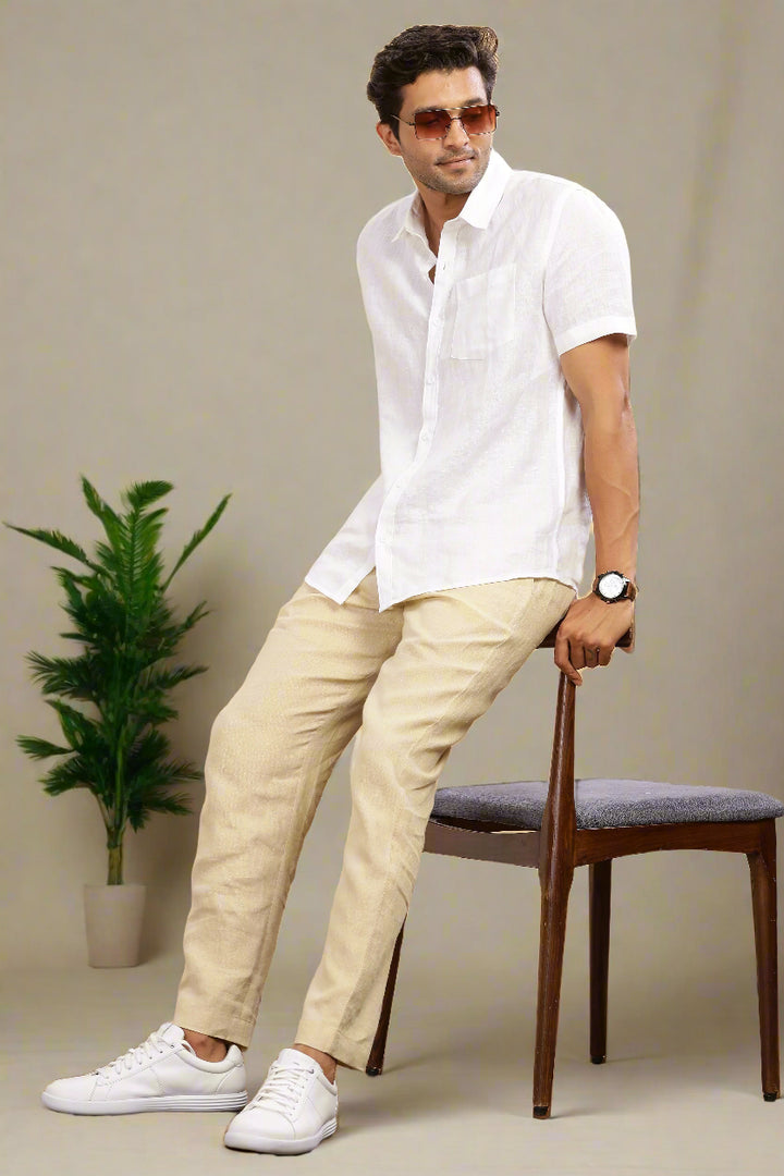 Drake - Pure Linen Trousers With Elastic Waist Band, Drawcord & Zipper - Cappuccino Beige