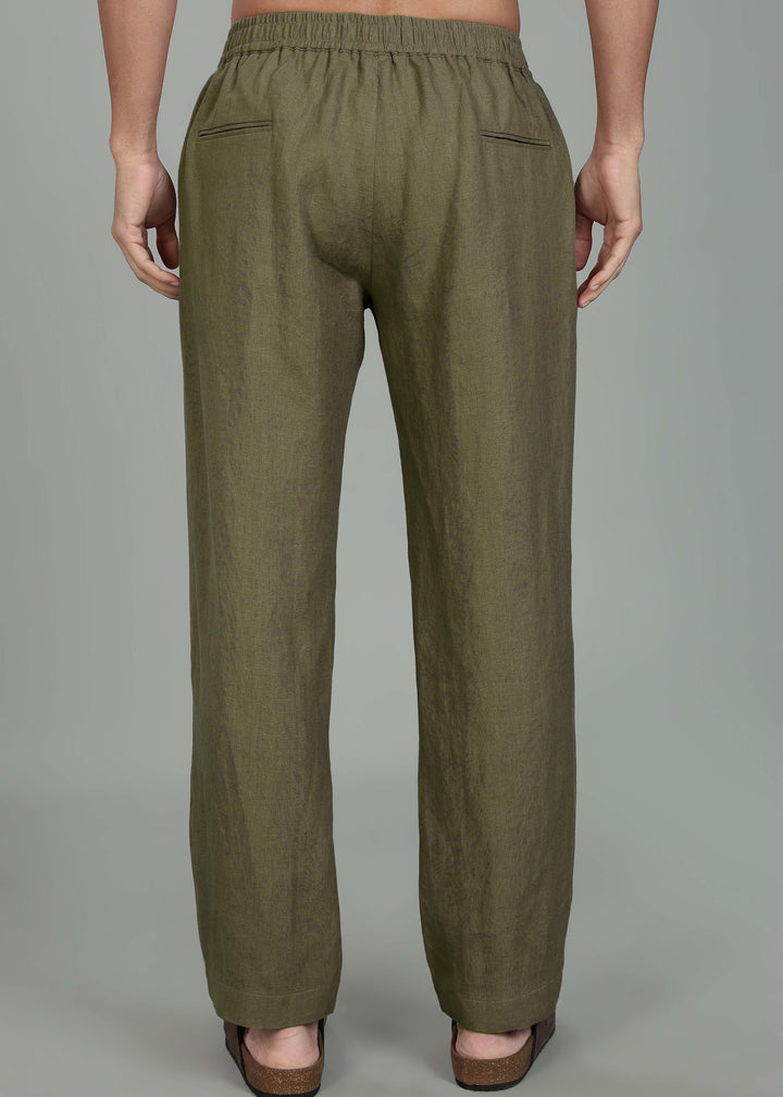 Ivo -  Pure Linen Casual Relaxed Elastic Pants - Military Green