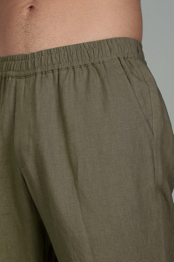 Duke Pure Linen Pull Over T-Shirt with Ivo Pant Set - Military Green