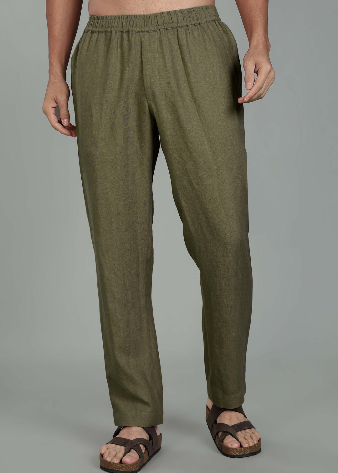 Ivo -  Pure Linen Casual Relaxed Elastic Pants - Military Green
