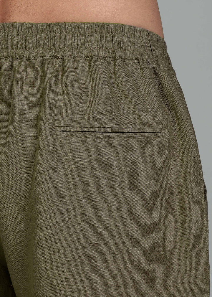 Ivo -  Pure Linen Casual Relaxed Elastic Pants - Military Green