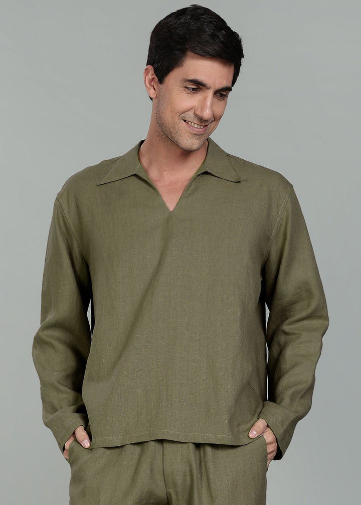 Duke Pure Linen Pull Over T-Shirt with Ivo Pant Set - Military Green