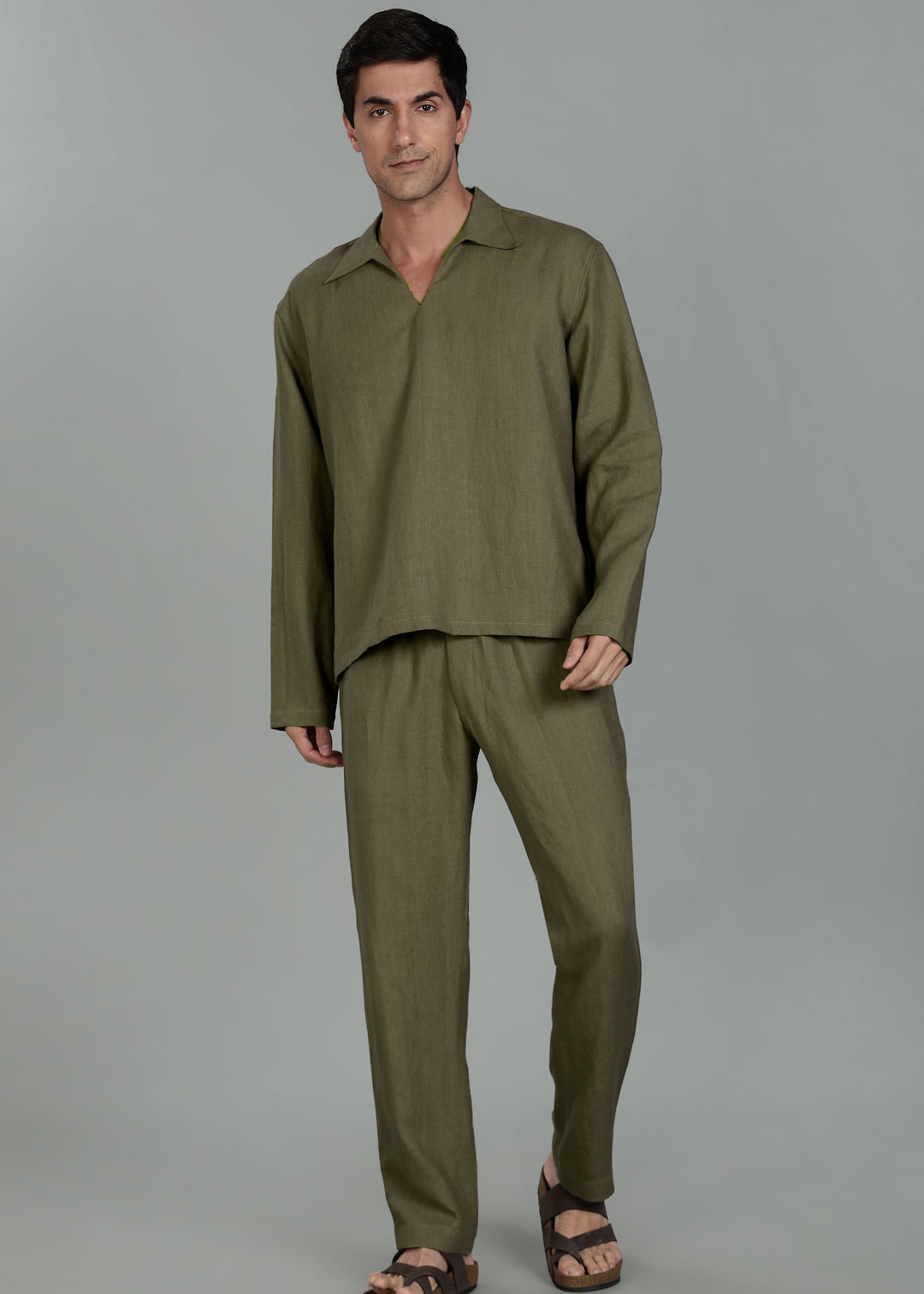 Ivo -  Pure Linen Casual Relaxed Elastic Pants - Military Green