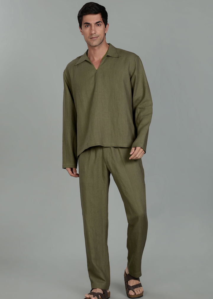 Ivo -  Pure Linen Casual Relaxed Elastic Pants - Military Green