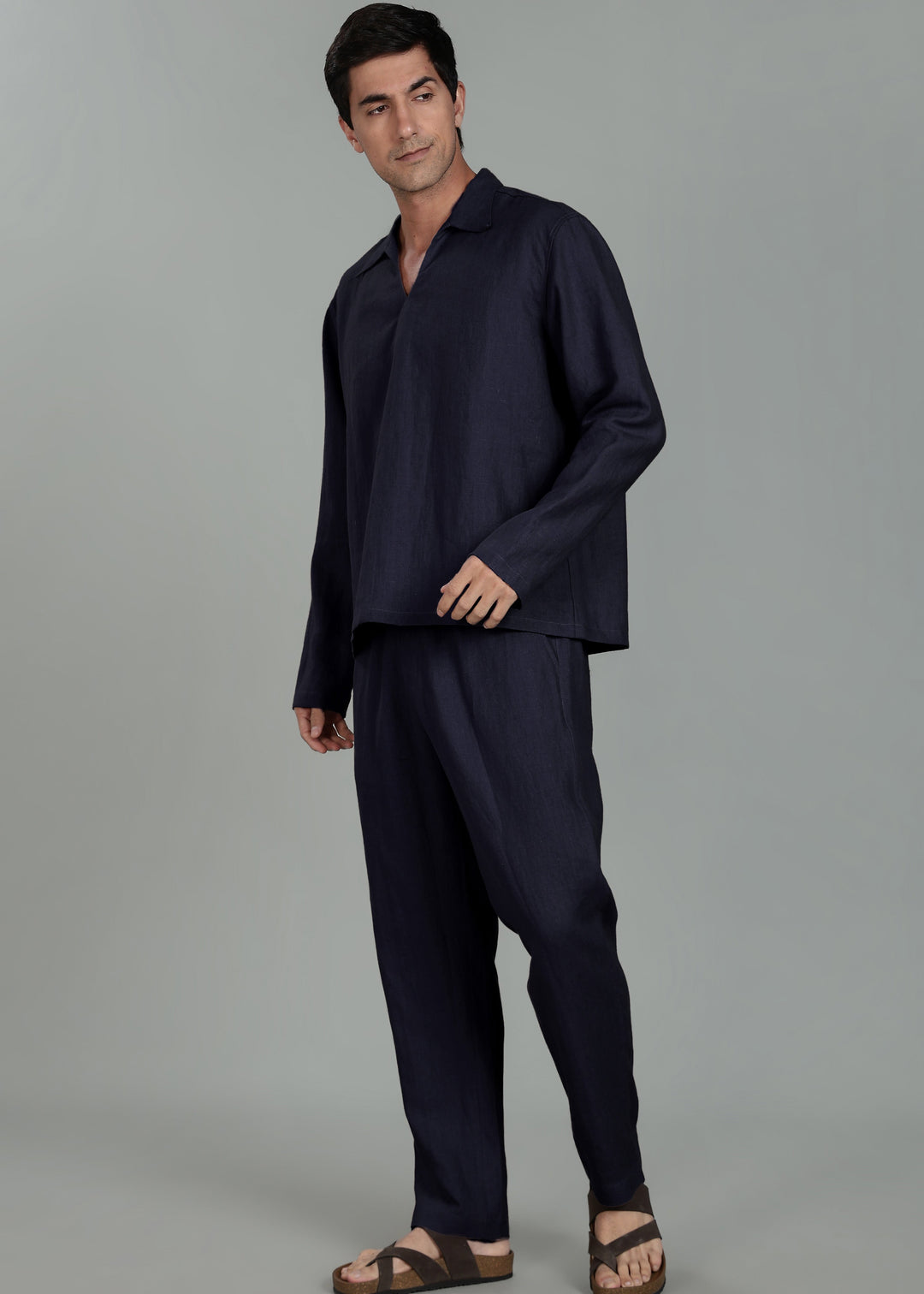 Duke Pure Linen Pull Over T-Shirt with Ivo Pant Set - Regal Blue