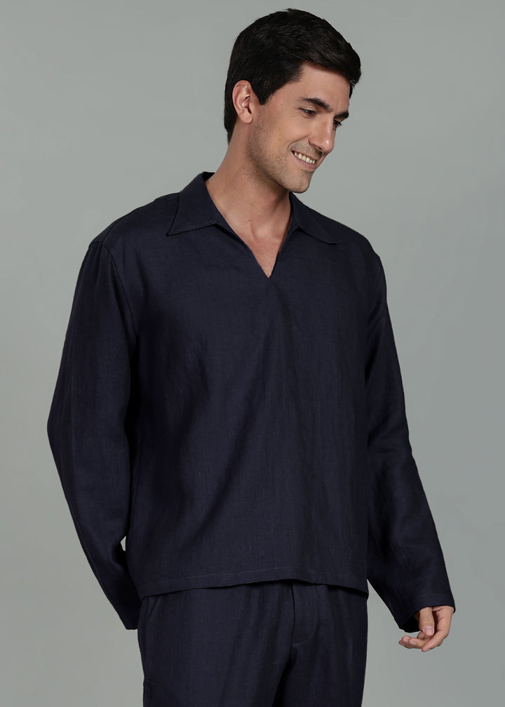 Duke Pure Linen Pull Over T-Shirt with Ivo Pant Set - Regal Blue