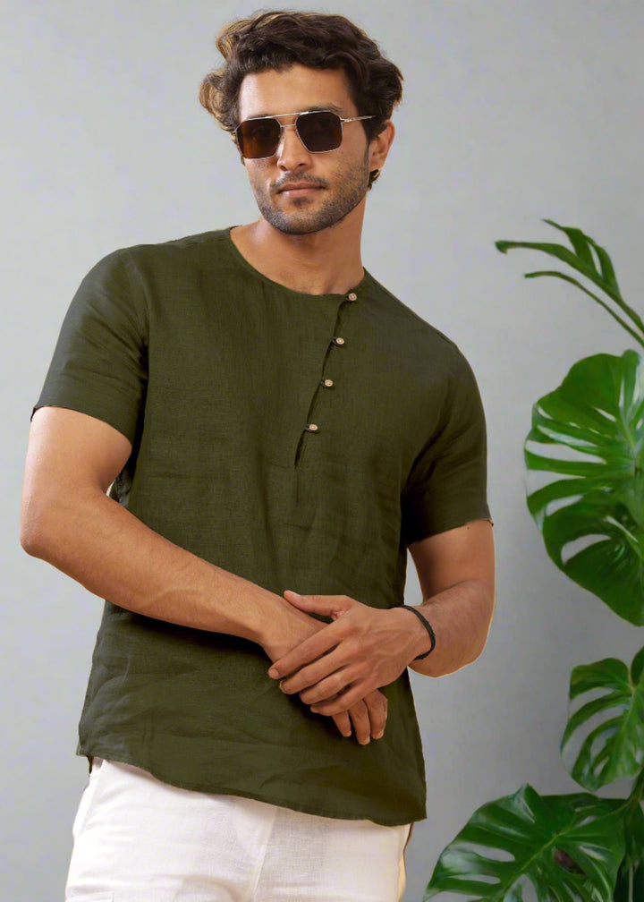 Evan - Pure Linen Short Sleeve T-Shirt - Moss Green