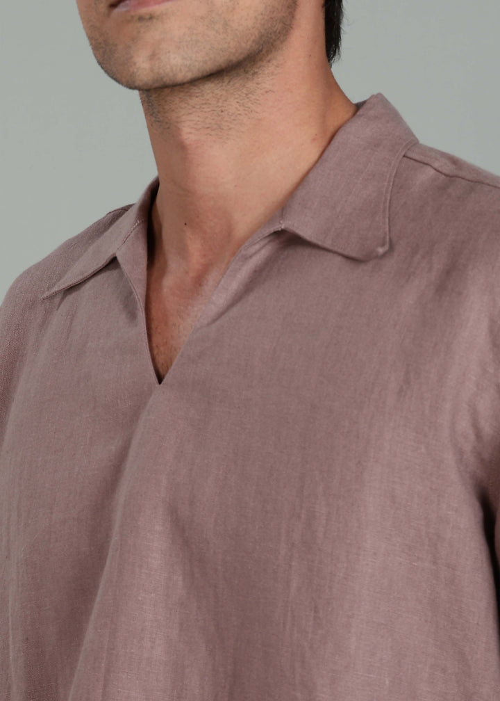 Duke Pure Linen Pull Over T-Shirt with Ivo Pant Set - Muted Brown