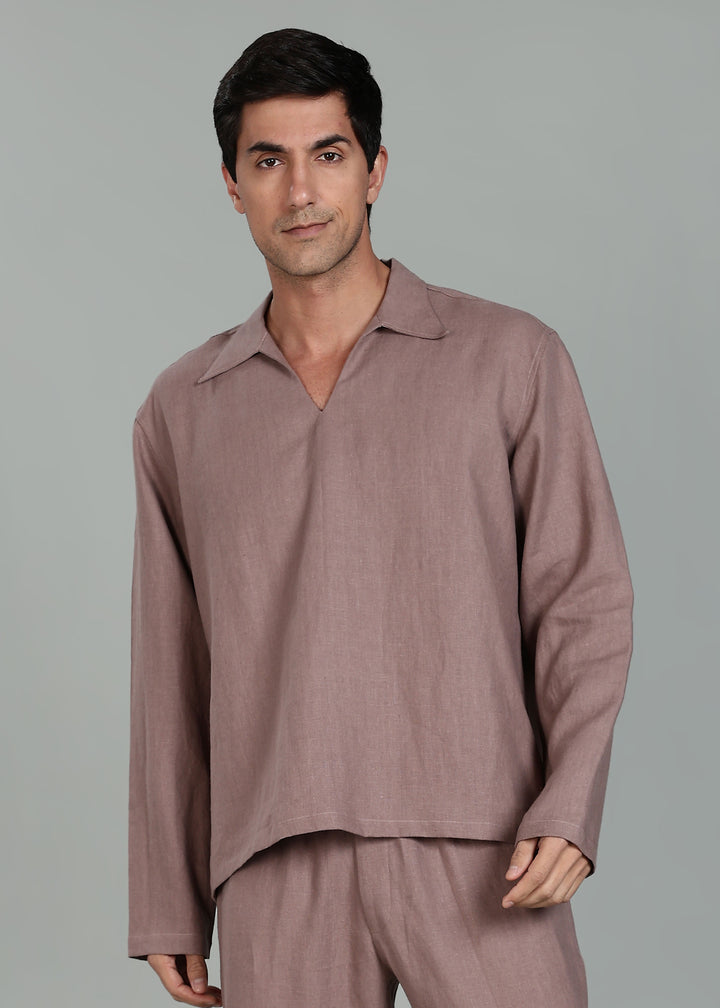 Duke Pure Linen Pull Over T-Shirt with Ivo Pant Set - Muted Brown