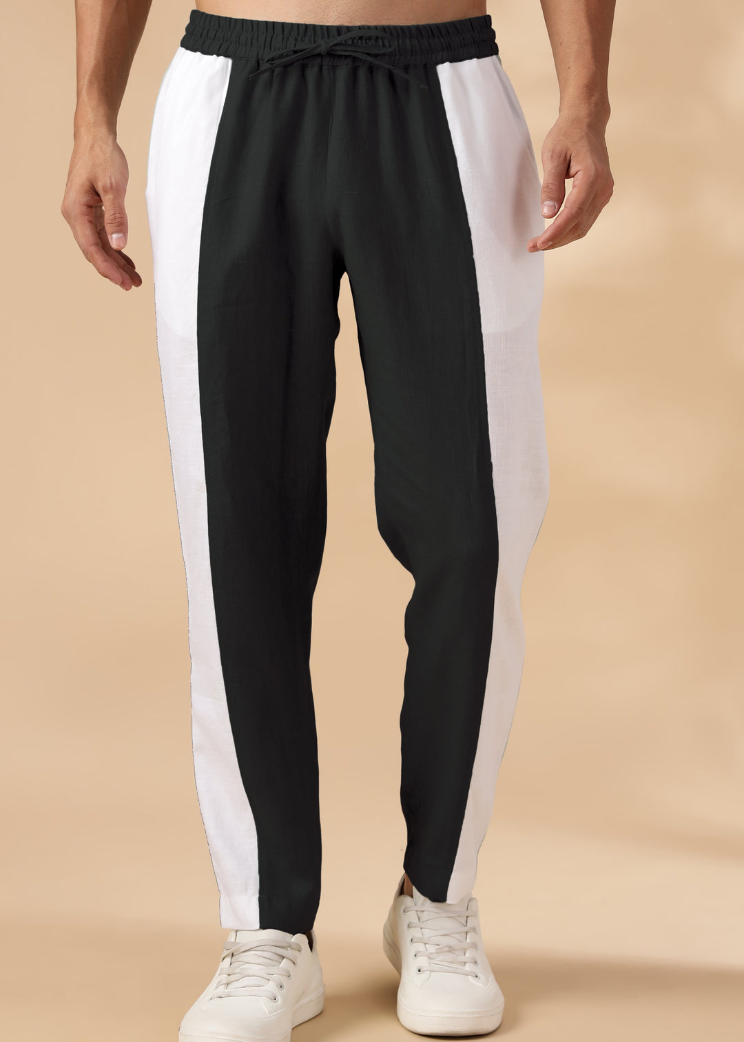 Duo - Pure Linen Panel Elastic Pants with Drawcord - Black