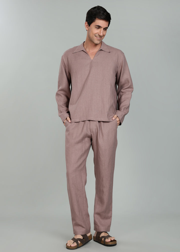 Ivo -  Pure Linen Casual Relaxed Elastic Pants - Muted Brown