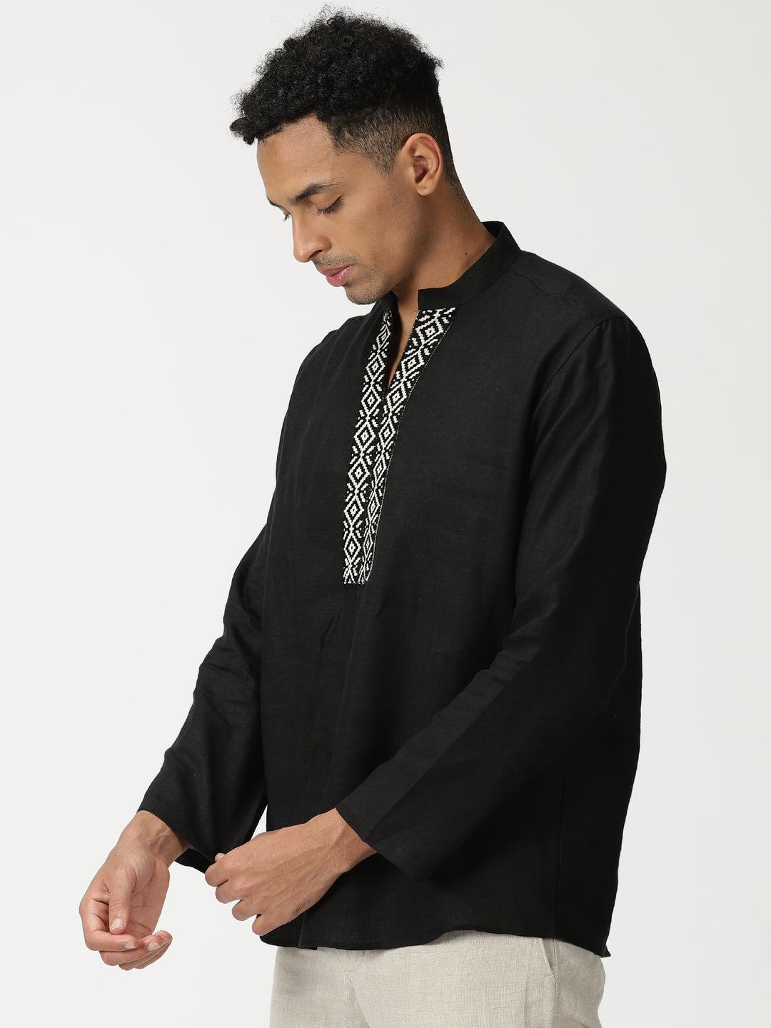 Fredrik - Pure Linen Toda Hand-Embroidered Long Sleeve Shirt - Black
